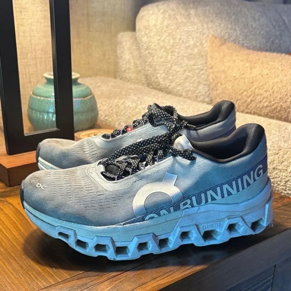 On Running Gray and Blue Athletic Shoes